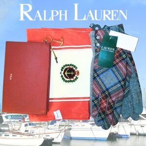 Ralph Lauren Red Leather Wallet Plaid Gloves 100% Silk Anchor Scarf Set